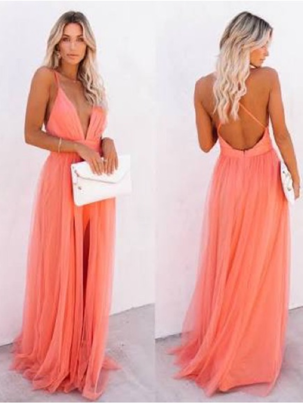 Luxxel Coral Plunge Maxi Dress with Crisscross Back